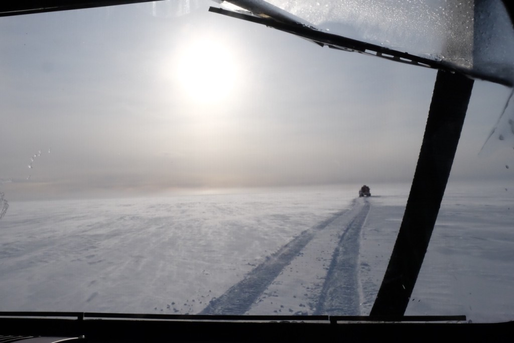 Driving up to Law Dome in the AAD Hägglunds tractors. The surface was smooth fresh snow which allowed us to travel up to Law Dome without too many bumps.