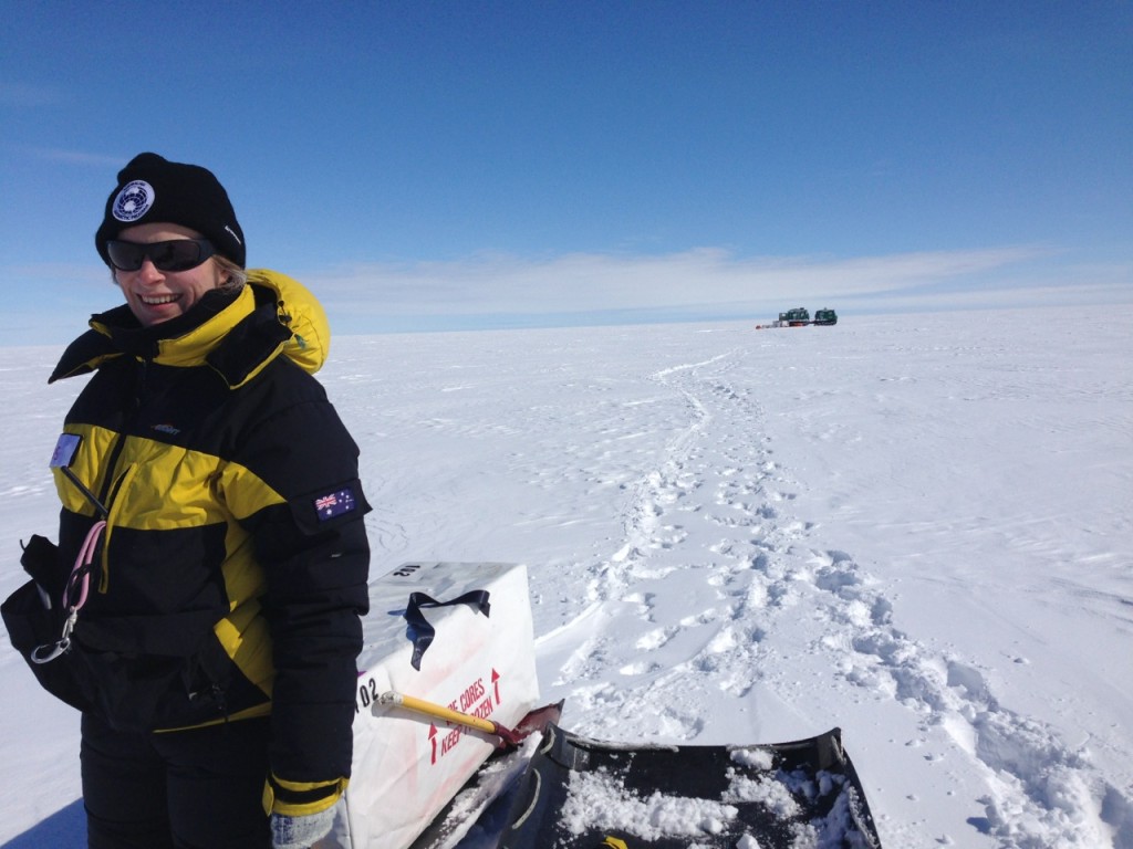 Tessa drags equipment to the sampling site. We did the sampling 175 metres upwind from the camp to ensure that diesel emissions from the tractors did not disturb the samples we collected.