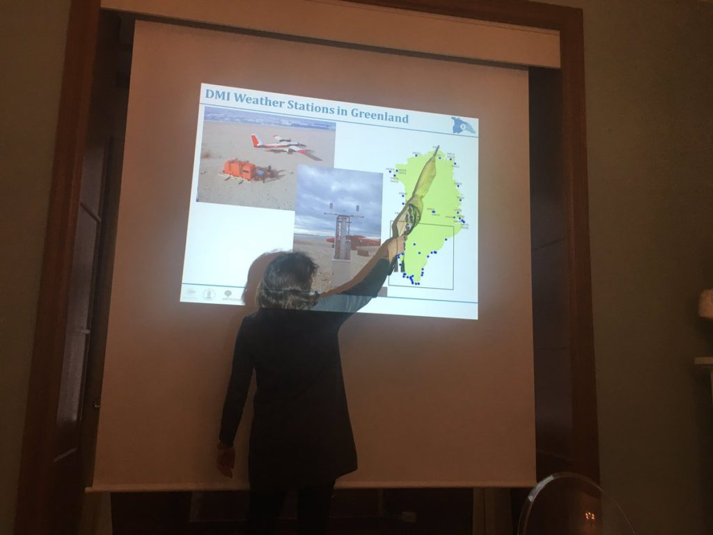 ice2ice researcher Ruth Mottram on Surface Mass Balance of the NEGIS ice stream. Since the meeting was hold in Bergen the pointer was an umbrella!